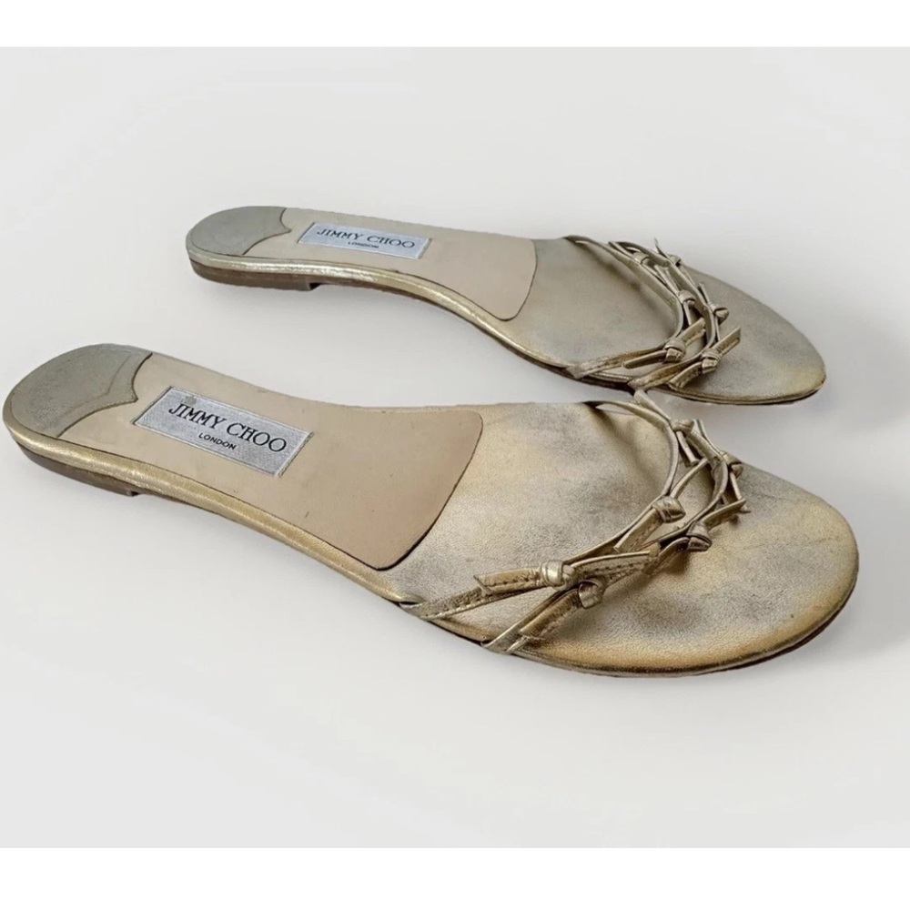 JIMMY CHOO GOLD FLAT LEATHER STRAPPY KNOT SLIDE SANDALS 41 EU